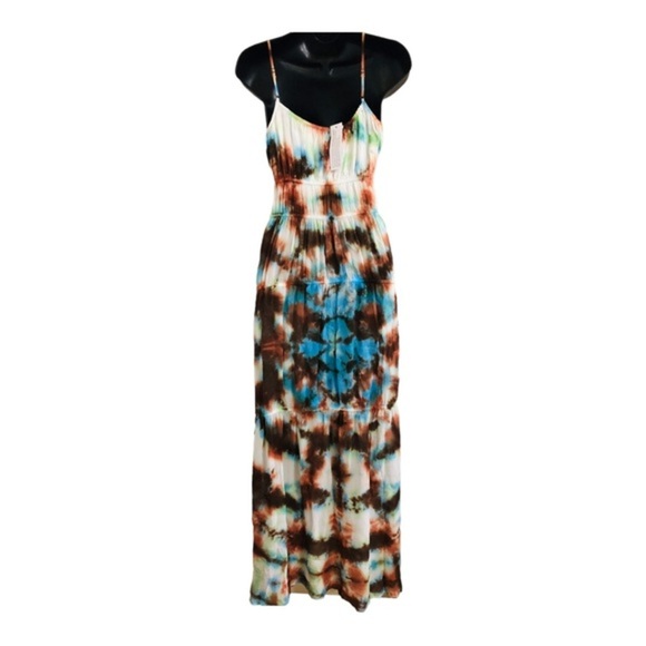 YFB Young fabulous & broke delphine chiffon blue brown tiedye cutout maxi dress - Picture 15 of 16